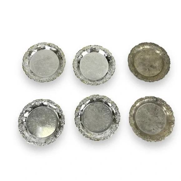 Vintage Set of 6 CREA Garanzia 4" Silver Plated Coasters with Box - Picture 2 of 9